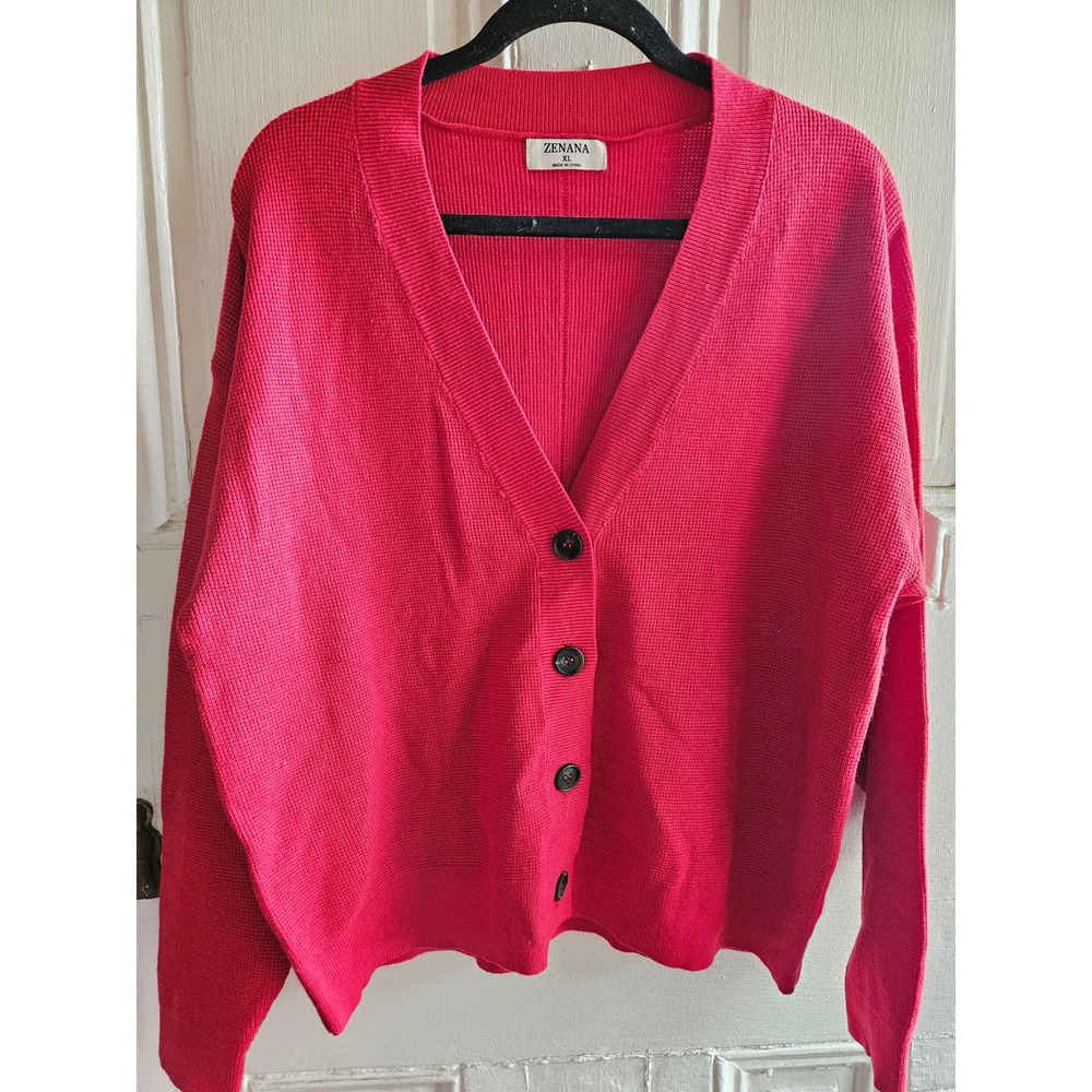 Zenana Womens Pink V-Neck Button Front Cardigan Sweater XL